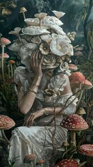 Fototapeta premium Enchanted Forest: Woman Adorned with Mushrooms