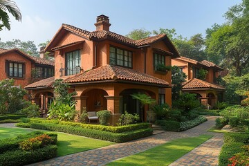Fototapeta premium showcasing luxury housing projects featuring elegant townhouses and villas set in a picturesque environment with lush greenery inviting potential investors to explore real estate opportunities
