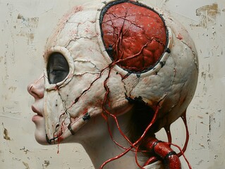 Surreal Portrait of a Woman with Exposed Brain and Blood Vessels