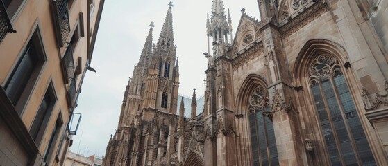 Obraz premium An impressive cathedral towers above, its gothic architecture and detailed carvings striking against a clear sky backdrop.