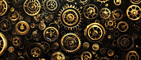 A collection of intricate golden gears and cogs arranged artistically on a dark background.