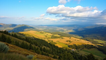 Fototapeta premium A breathtaking panoramic view of lush green mountains under a vibrant sky filled with fluffy clouds. Perfect for nature lovers and travel enthusiasts