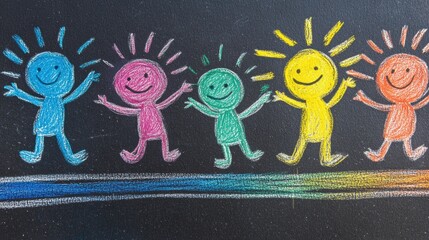 Colorful chalk figures dance joyfully on a blackboard, radiating happiness and unity, AI
