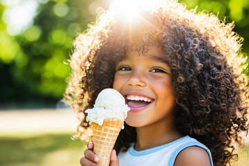 a toddler girl with natural curly hair enjoying a vanilla ice cream cone