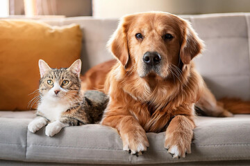 Cat and Dog Relaxing Together on a light grey Couch