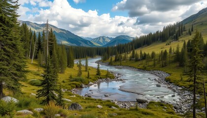 Fototapeta premium A breathtaking panoramic view of lush green mountains under a vibrant sky filled with fluffy clouds. Perfect for nature lovers and travel enthusiasts