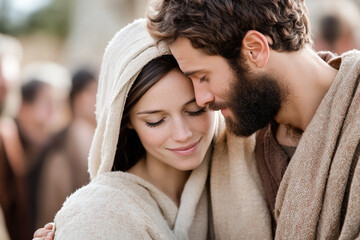 Tender moment between a man and woman in historical attire, evoking the biblical figures of Mary and Joseph, symbolizing love, faith, and unity.