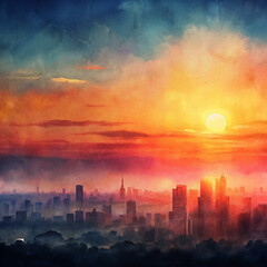 Naklejka premium Vibrant watercolor city skyline at sunset, blending warm and cool hues for a stunning urban landscape abstract art.