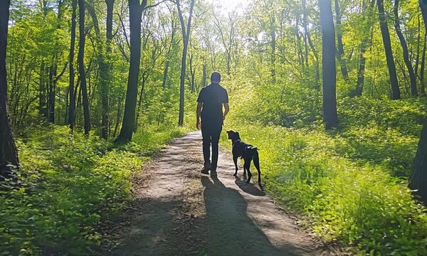 Man walking a dog on a sunlit forest path.