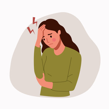 Young ill woman suffering from headache and pain, pressing hand to the throbbing areas of her head isolated. Vector flat style cartoon illustration