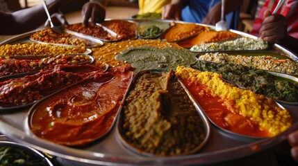 Fototapeta premium An Ethiopian restaurant with injera bread and a variety of colorful stews and lentils served on a large communal platter