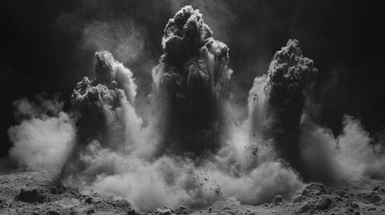 Fototapeta premium dramatic explosion of white powder creates artistic effect, resembling clouds or smoke in dark environment. This striking visual can enhance various creative projects