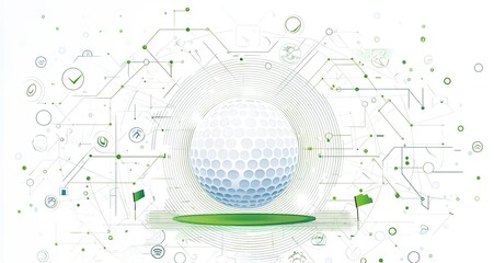 A digital artwork depicting a golf ball on a tee surrounded by abstract designs, illustrating the connection between technology and golf