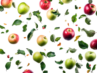 a group of apples and leaves