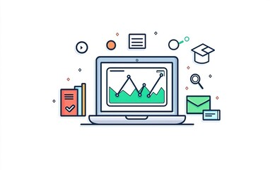 Obraz premium Digital workspace showcasing data analysis tools with graphs, educational materials, and various icons representing learning and communication