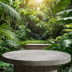 Fototapeta premium Natural stone and concrete podium in Natural green background for Empty show for packaging product presentation. Background for cosmetic products, the scene with green leaves. Mock up the pedestal.