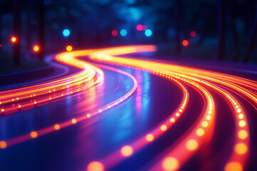 Vibrant light trails create a mesmerizing path at night in the city