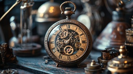 Antique pocket watch with intricate gears and vintage decor