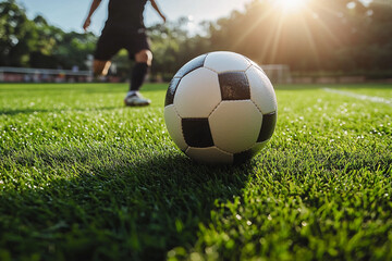 Fototapeta premium A soccer ball on vibrant grass during late afternoon practice session