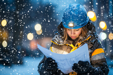 female engineer in stormy construction site