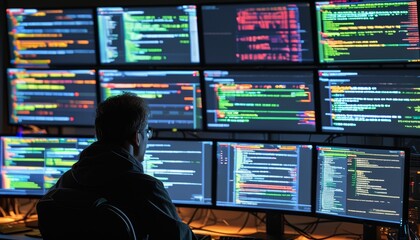 Cybersecurity analyst monitoring multiple displays filled with code and data, representing active network security analysis and threat detection processes.