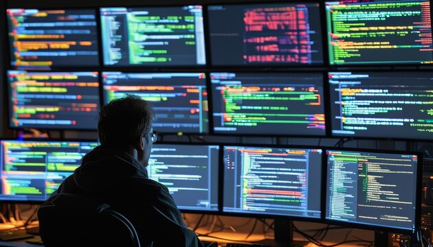Cybersecurity analyst monitoring multiple displays filled with code and data, representing active network security analysis and threat detection processes.