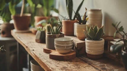 Potted plants in ceramic pots on wooden shelf in cozy setting