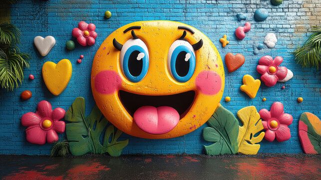A large, cheerful emoji mural with bright colors smiles joyfully, complemented by surrounding flowers and hearts on an urban wall