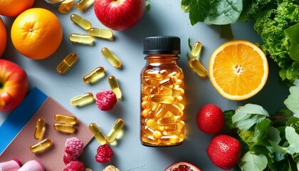 Amber bottle of vitamin capsules surrounded by fresh fruits and leafy greens, symbolizing health, wellness, and balanced nutrition.