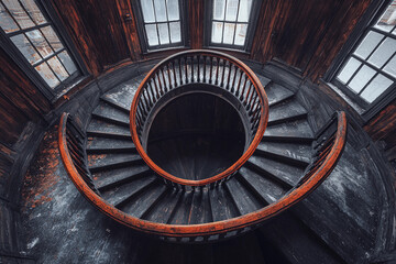 Obraz premium Spiral staircase with wooden railing in an abandoned building interior