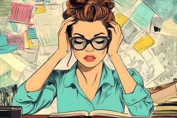 Pop Art Stress: A vibrant pop art illustration depicts a woman overwhelmed by a mountain of paperwork, her hands clutching her head in a relatable moment of stress.
