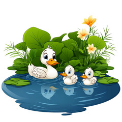 Duck Family in a Pond