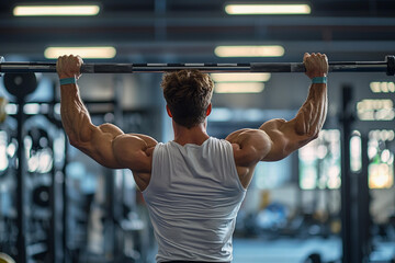 Muscular man performing pull-ups in a gym during afternoon workout