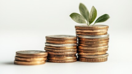 Coins stacked with a small plant growing from the top, symbolizing growth in finance and investment.