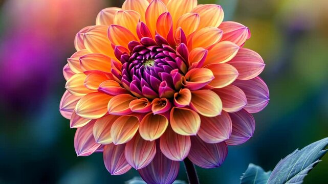 A vibrant orange and purple dahlia blooms in a garden