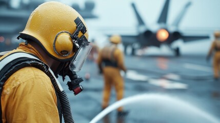 Naklejka premium Crew Members on an Aircraft Carrier Under Rainy Conditions