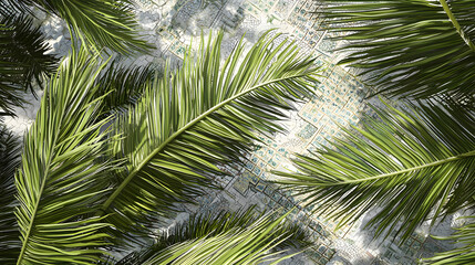 Obraz premium Palm Oasis :mosque illustration. A mosque nestled amidst palm trees—a sanctuary in the desert. The fronds sway gently, casting dappled shade on the courtyard’s mosaic tiles. 