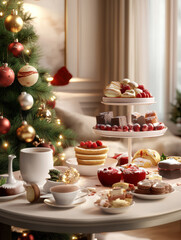 Naklejka premium festive table with holiday treats, including cakes, pastries, and tea, is set in cozy home near decorated Christmas tree, creating warm and inviting atmosphere