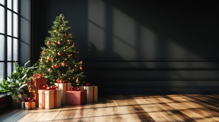 Cozy Christmas living room with decorated tree, presents, and fireplace
