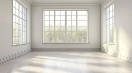 A spacious and bright empty gallery room with large windows that provide natural light. This room is perfect for showcasing art or hosting events. The white walls and wooden floor create a clean and m