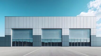 Minimalist Warehouse Facade with a Clear Sky Background