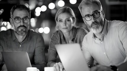 Professionals Collaborating Late with Laptops in Office
