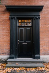 Brick building with black front door