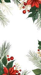 A festive Christmas border featuring poinsettia, pine needles, holly berries, and greenery on a white background. Perfect for invitations, cards, and holiday decor.