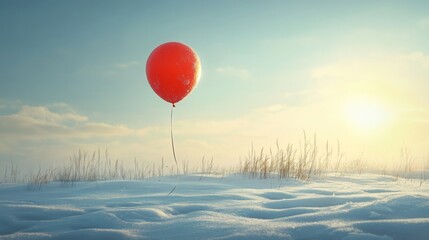 Fototapeta premium Red Balloon in Winter Sky, a vibrant red balloon floats gracefully above a glistening snow-covered field under bright sunlight