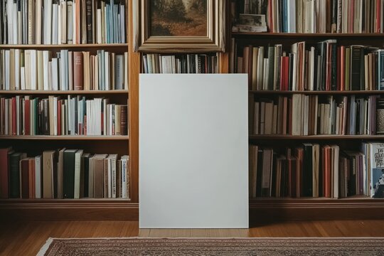 A blank white poster mockup, standing upright on the floor in front of bookshelves, library