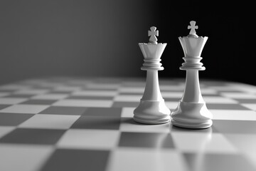 A chessboard with a king and queen piece standing together.