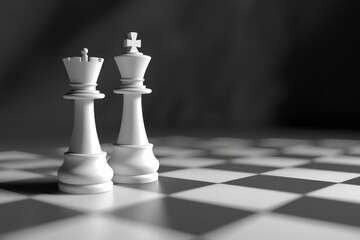 A chessboard with a king and queen piece standing together.