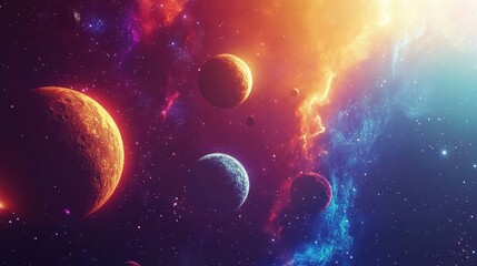 Colorful Planets and Stars in Deep Space with Multiple Moons. Epic Cosmic Scene with Nebula and Glowing Light Effects