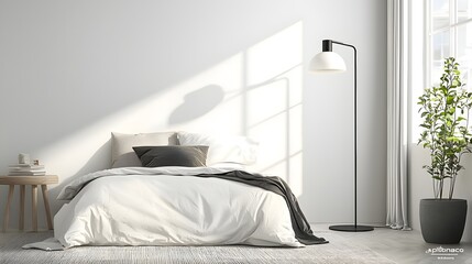 Minimalist White Floor Lamp in a Scandinavian Bedroom Cool White Light for a Clean and Bright Atmosphere